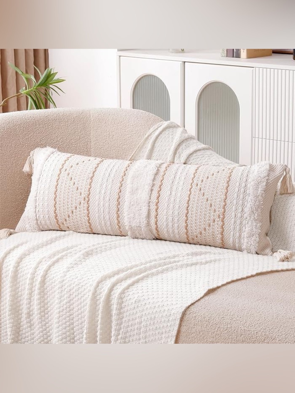 14 x 36 Lumbar Pillow Cover, Boho Tufted Decorative, Cream Beige